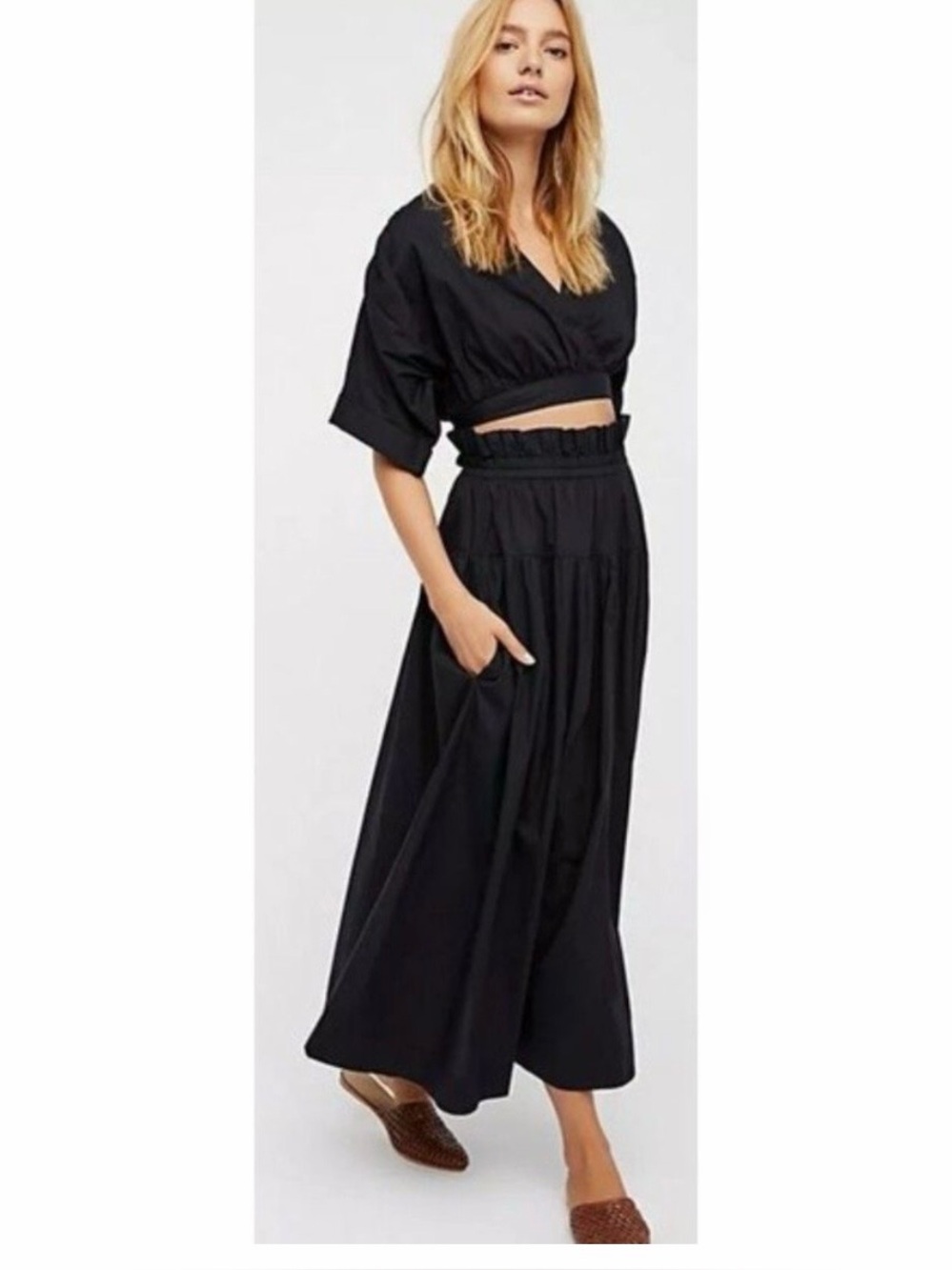 Free People Black Boho Crop Top Open Back Size L